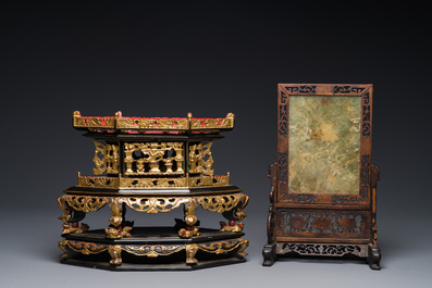 A Chinese wooden table screen with precious stones and an altar piece or 'chanab' for the Straits or Peranakan market, 19/20th C.