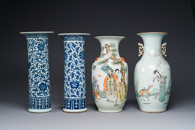 A pair of Chinese blue and white vases and two qianjiang cai vases, 19/20th C.