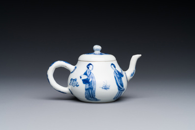 A Chinese blue and white 'Long Eliza' teapot and cover, Chenghua mark, Kangxi