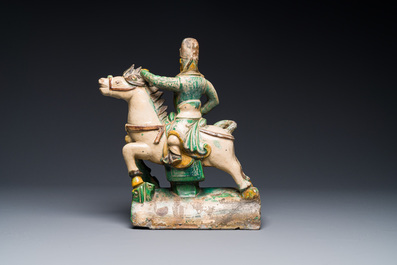 A Chinese sancai roof tile in the shape of a warrior on horseback, Ming