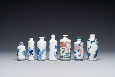 Seven Chinese blue, white and copper-red snuff bottles, Yongle and Yongzheng mark, 19th C.