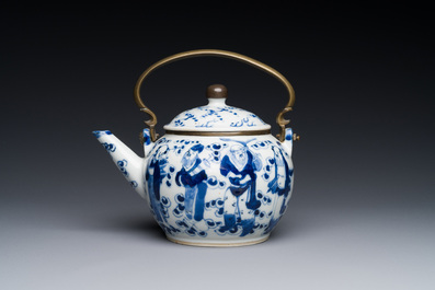 A Chinese blue and white 'Eight Immortals' teapot with bronze mounts for the Thai market, Yong Mao Yuan Ji 永茂源記 mark, 19th C.