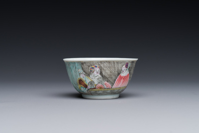 A rare Chinese rose-grisaille cup and saucer after 'Actors of the Com&eacute;die-Francaise' by Watteau, Yongzheng/Qianlong