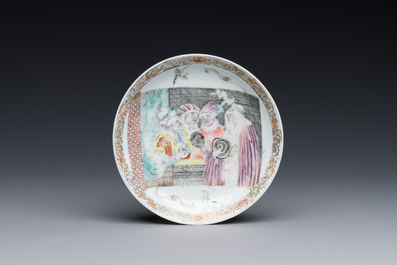 A rare Chinese rose-grisaille cup and saucer after 'Actors of the Com&eacute;die-Francaise' by Watteau, Yongzheng/Qianlong