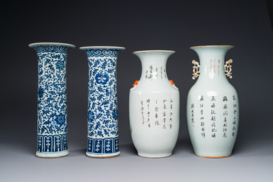 Une paire de vases en porcelaine de Chine en bleu et blanc et deux vases qianjiang cai, 19/20&egrave;me