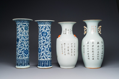 A pair of Chinese blue and white vases and two qianjiang cai vases, 19/20th C.