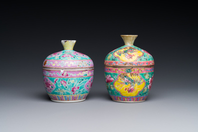 Two Chinese famille rose 'chupu' bowls and covers for the Straits or Peranakan market, Tongzhi mark and of the period