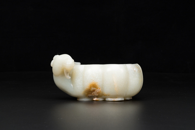 A Chinese celadon jade flower-shaped brush washer with ram's head, 17th C.