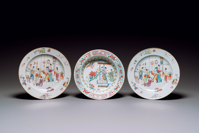 A pair of Chinese famille rose plates with mandarin design and a famille rose 'Xi Xiang Ji' plate, Yongzheng/Qianlong