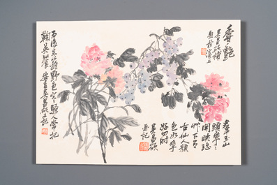 Wu Changshuo 吴昌硕 (1844-1927): Album met 10 florale werken met kalligrafie, inkt en kleur op papier