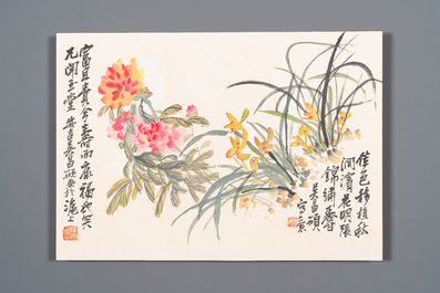 Wu Changshuo 吴昌硕 (1844-1927): Album met 10 florale werken met kalligrafie, inkt en kleur op papier