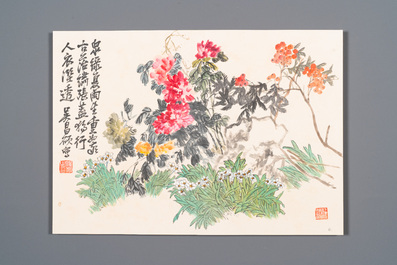 Wu Changshuo 吴昌硕 (1844-1927): Album met 10 florale werken met kalligrafie, inkt en kleur op papier