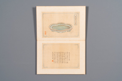 A Chinese 'imperial porcelain' album, ink and colour on silk, Qianlong seal mark, 20th C.