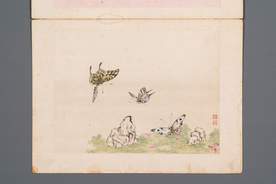Chinese school: Two parts of an album with four drawings and a calligraphy, Lisheng 笠生 seal mark, 19/20th C.