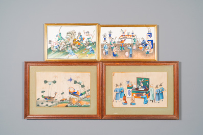 Ten Chinese rice paper paintings with figures, fauna and flora, Canton, 19/20th C.