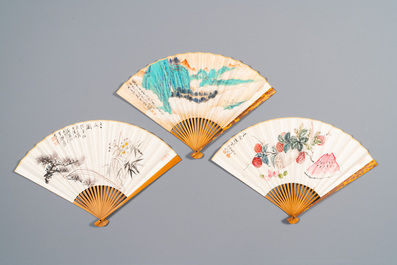 Three folding fans, follower of Zhang Daqian 張大千 (1899-1983) and Wu Hufang 吴湖帆 (1894-1968), ink and colour on paper