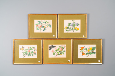 Ten various Chinese rice paper paintings with flora and fauna, Canton, 19/20th C.