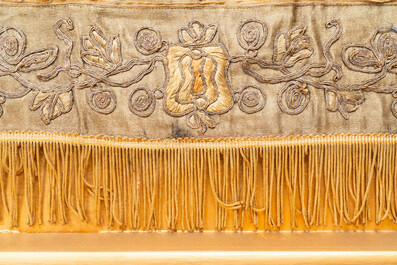 Two Chinese gold and silver-thread-embroidered silk cloths with lions and Guandi, 19th C.