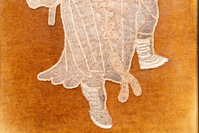 Two Chinese gold and silver-thread-embroidered silk cloths with lions and Guandi, 19th C.