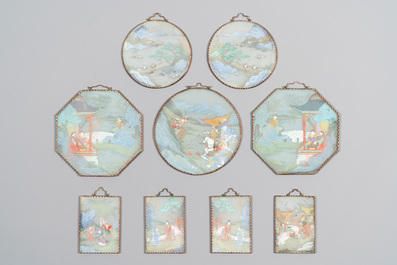 A collection of nine Chinese reverse glass paintings mounted as pendants, 19th C.