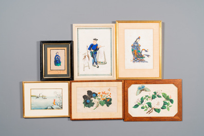 Ten Chinese rice paper paintings with figures, fauna and flora, Canton, 19/20th C.