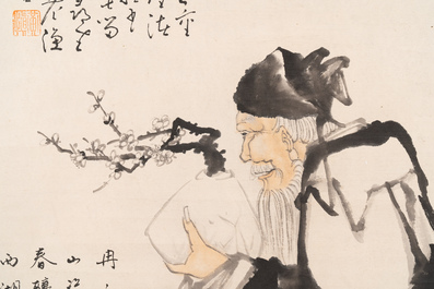 Huang Zhen 黃鎮 (1909-1989): 'Sage tenant une branche de fleur de prunier', encre et couleur sur papier