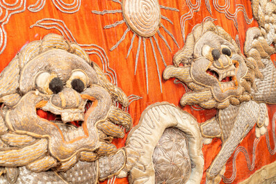 Two Chinese gold and silver-thread-embroidered silk cloths with lions and Guandi, 19th C.