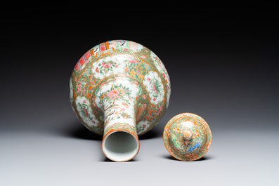 A Chinese Canton famille rose bowl and a covered bottle vase, 19th C.