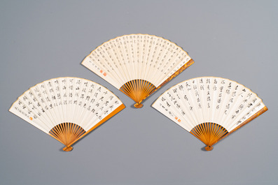 Three folding fans, follower of Zhang Daqian 張大千 (1899-1983) and Wu Hufang 吴湖帆 (1894-1968), ink and colour on paper
