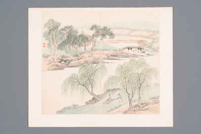 Ecole chinoise: Treize oeuvres diverses, encre et couleur sur papier et soie, sign&eacute;es Xiaocun 晓邨 et Futing 富廷, 19/20&egrave;me