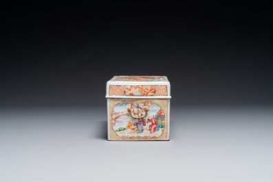 An extremely rare Chinese Canton famille rose 'mandarin subject' tea casket or chest with gilt bronze handles, Qianlong