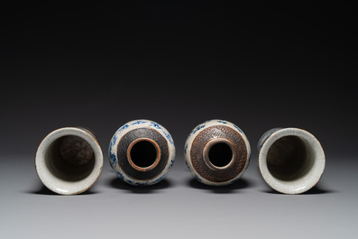 Two pairs of Chinese blue and white Nanking crackle-glazed 'dragon' vases and a dish, Chenghua mark, 19th C.