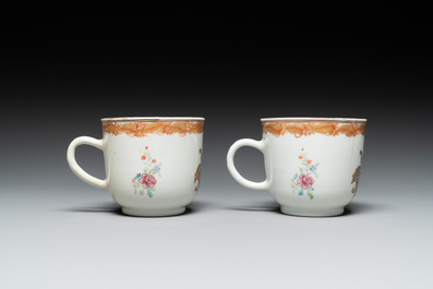 A pair of monogrammed Chinese puce-enamelled plates and a pair of armorial cups and saucers, Yongzheng/Qianlong