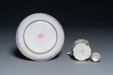 A Chinese Canton enamel 'European scene' plate and a teapot, Qianlong