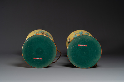 A pair of Chinese verte biscuit 'gu' vases with gilt bronze lamp mounts, 19th C.