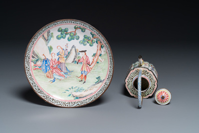 A Chinese Canton enamel 'European scene' plate and a teapot, Qianlong