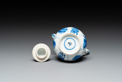 A Chinese blue and white 'Long Eliza' ewer and cover, jade mark, Kangxi