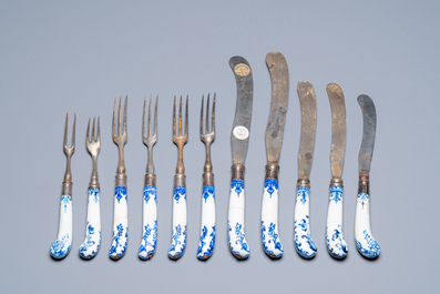 Eleven blue and white soft paste porcelain knife and fork handles, probably Saint-Cloud, France, 1st half 18th C.