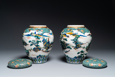 A pair of Japanese Kutani covered vases with landscape design, Meiji, 19th C.