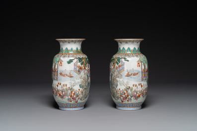 A pair of fine Chinese famille rose 'hundred boys' lantern-shaped vases, Yan Xi Tong He 燕囍同和 mark, Republic