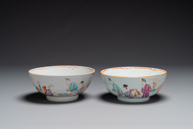 A pair of Chinese famille rose bowls and four plates, Yongzheng/Qianlong