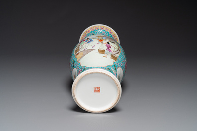 A Chinese famille rose dish with figural design and a 'rice production' vase, Qianlong mark, 20th C.