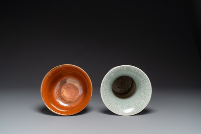 A Chinese ge-type 'gu' vase and an iron-rust-glazed bowl, 19th C.