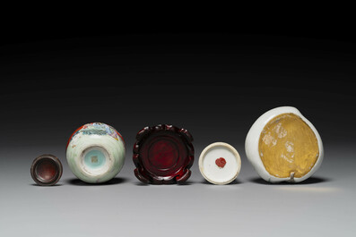 A group of three Chinese famille rose scholar&rsquo;s desk objects, Qianlong mark, 19/20th C.