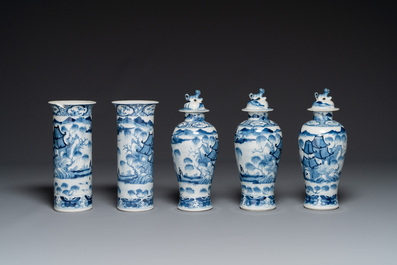 A Chinese blue and white garniture of five vases with landscape design, 19th C.