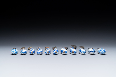 Eleven blue and white soft paste porcelain knife and fork handles, probably Saint-Cloud, France, 1st half 18th C.