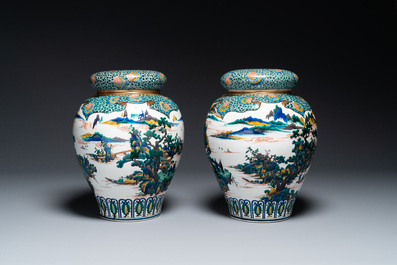 A pair of Japanese Kutani covered vases with landscape design, Meiji, 19th C.