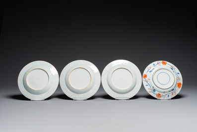 A pair of Chinese famille rose bowls and four plates, Yongzheng/Qianlong