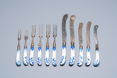 Eleven blue and white soft paste porcelain knife and fork handles, probably Saint-Cloud, France, 1st half 18th C.