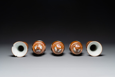 A Chinese capucin-brown-ground famille rose garniture of five vases with floral design, Yongzheng/Qianlong